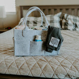 Compact and stylish gray felt diaper caddy, removable insert and portable design