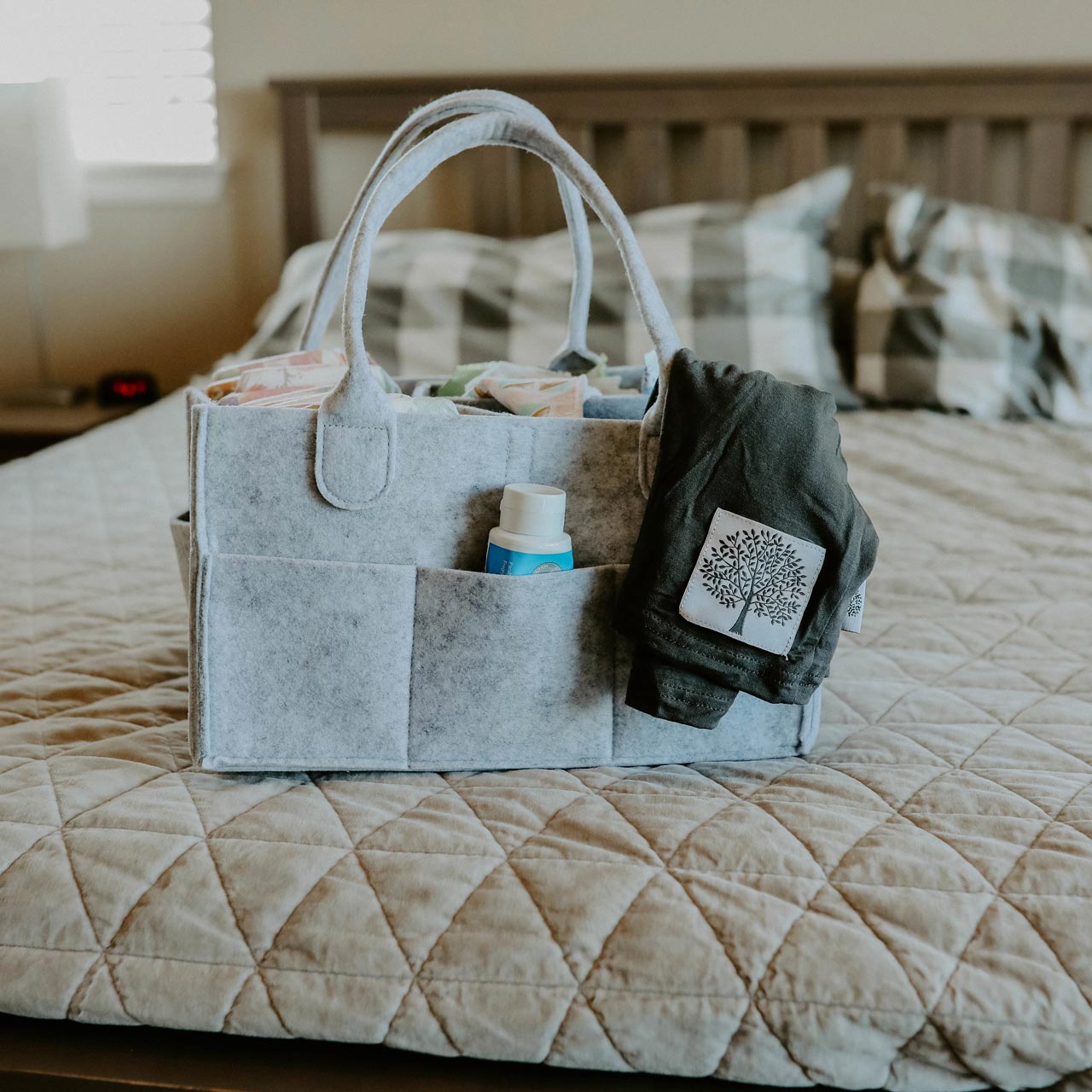 Gray Diaper Caddy.