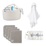 Baby Care Set for baby includes White Rope Diaper Caddy, Hooded Bath Towel, Gray Muslin Burp Cloths and Muslin Washcloths