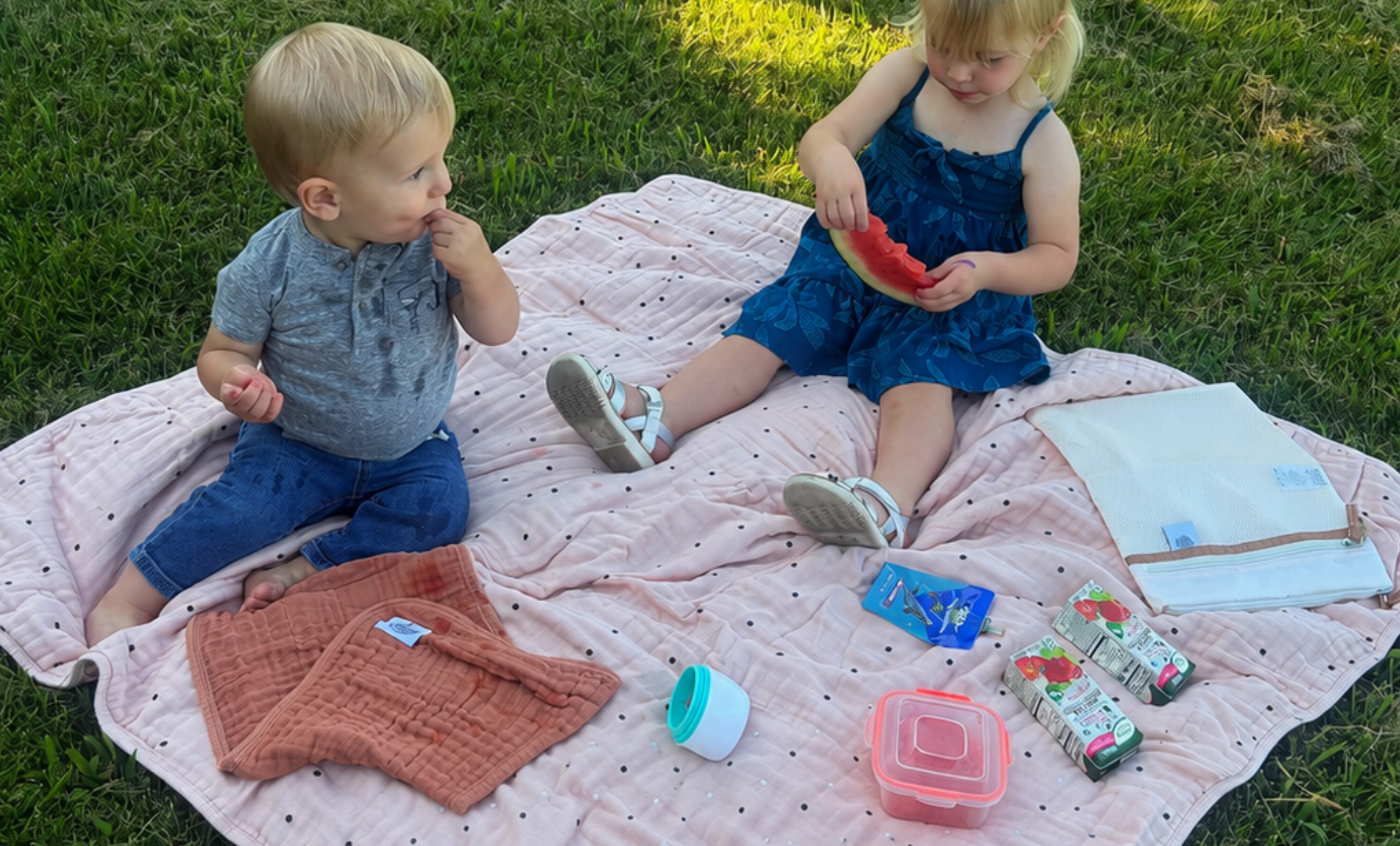 Baby playing on a Parker Baby Muslin Quilt during a family picnic, showcasing its versatility for outdoor use.