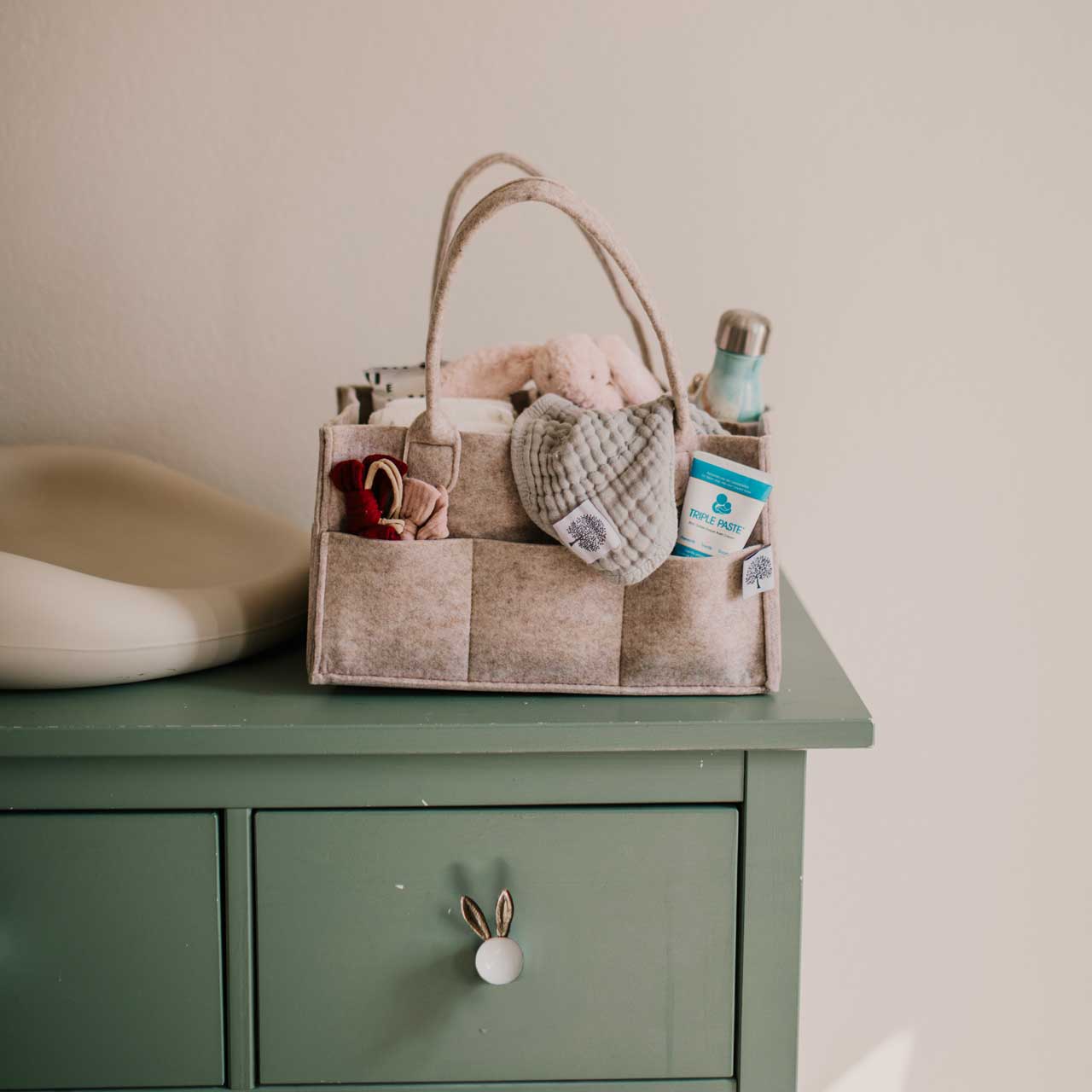 Oatmeal Diaper Caddy.