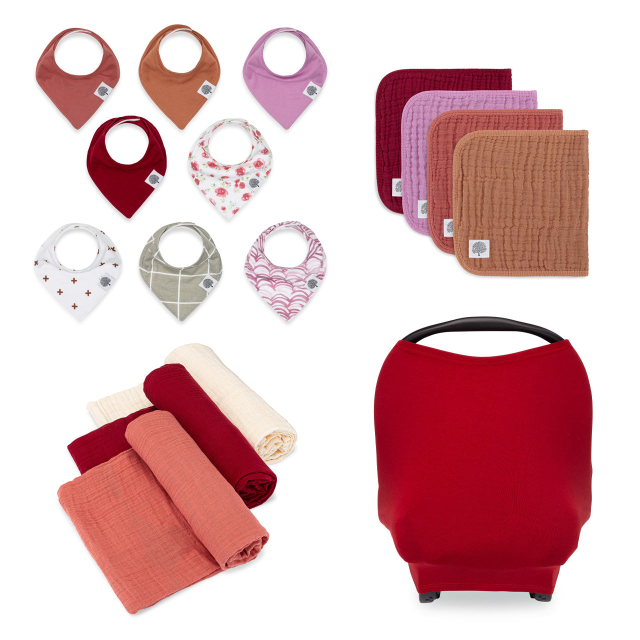 Rose Bandana Gift Set - Includes Bandana Bib Set, Rose Burp Cloths, Rose Swaddle Set and Cherry Multi Use Cover