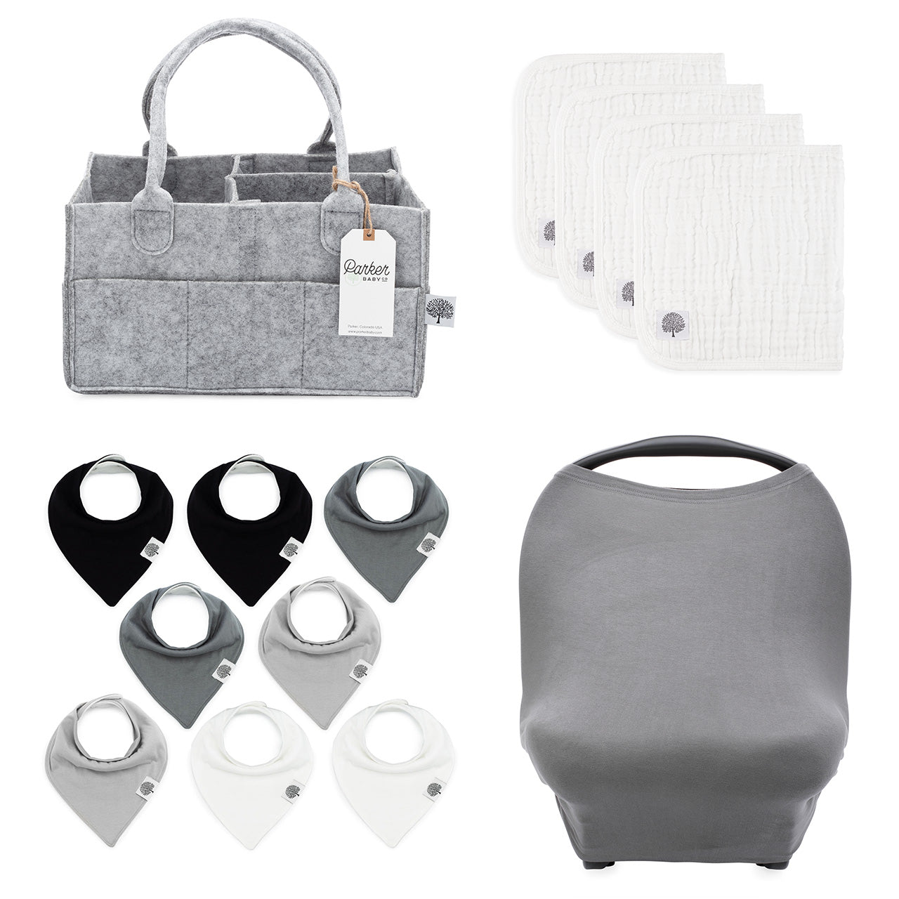 Basics gift set includes muslin cotton burp cloths, gray diapper caddy, gray car seat cover and set of 8 bandana bibs for baby