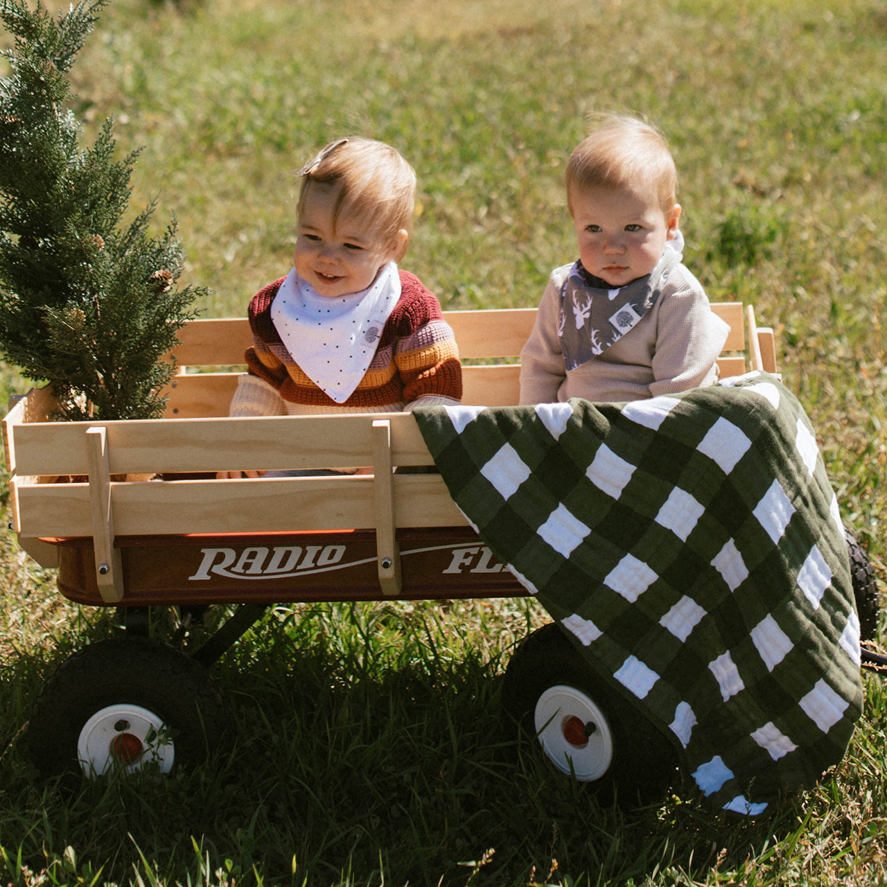 Lumberjack bandana bib on babies