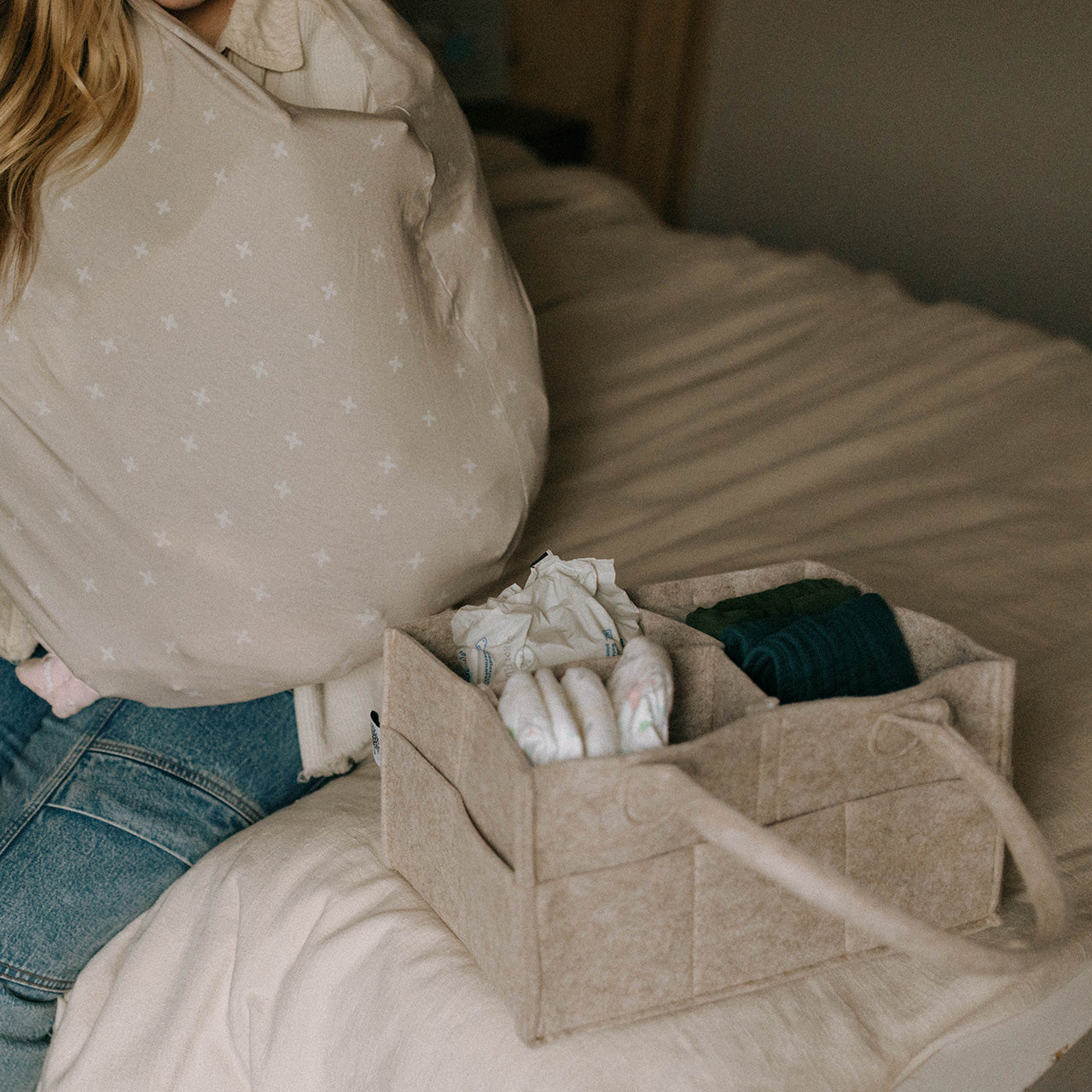Oatmeal Felt Diaper Caddy for nursery