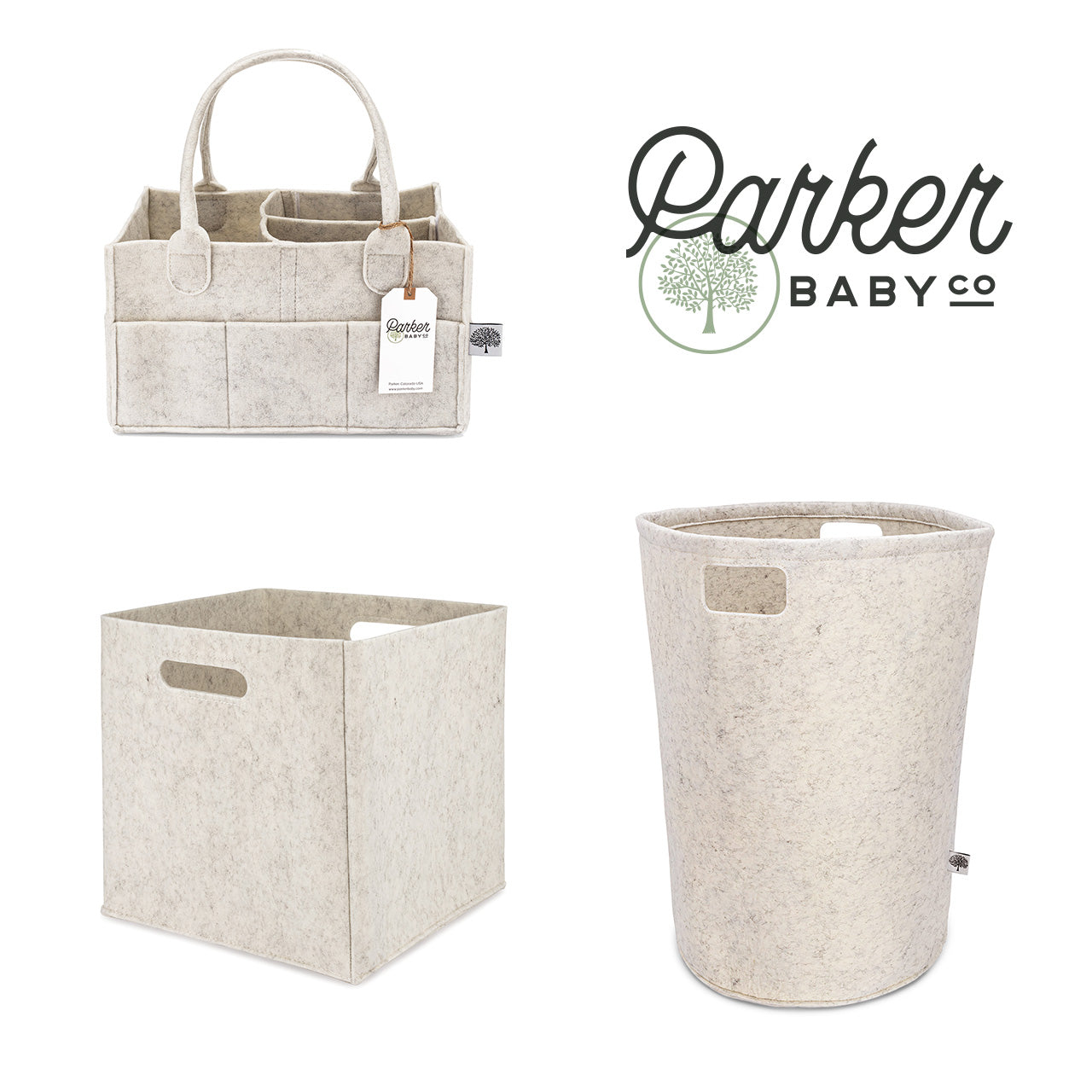White Felt collection set, includes diapper caddy, storage cube and laundry hamper