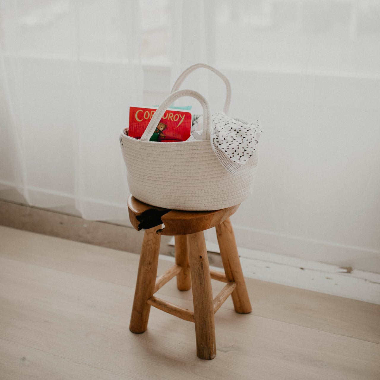 Rope Diaper Caddy on stool