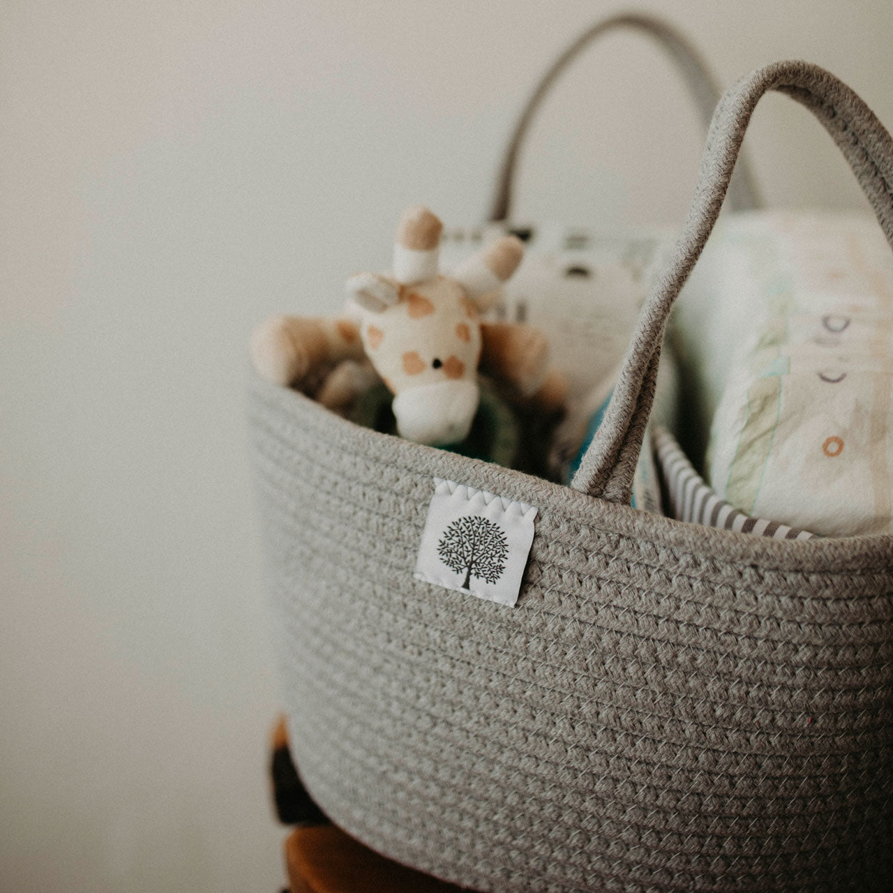 Rope Diaper Caddy - Gray with toys