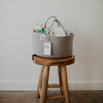 Rope Diaper Caddy - Gray on stool