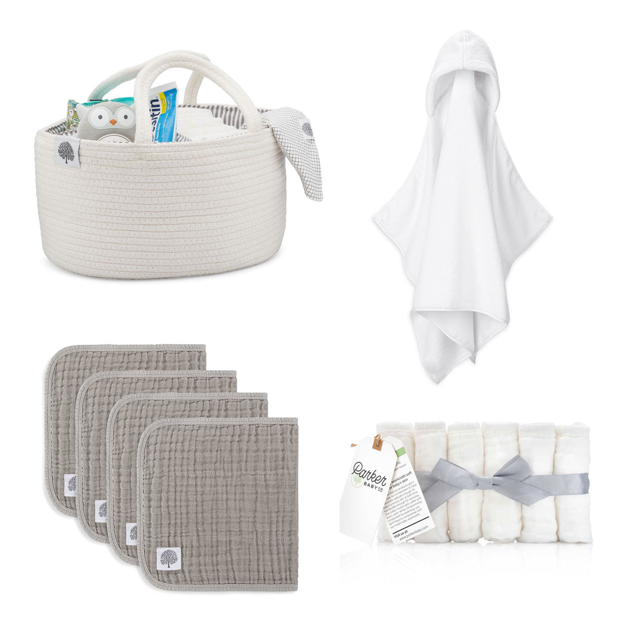 Baby Care Set for baby includes White Rope Diaper Caddy, Hooded Bath Towel, Gray Muslin Burp Cloths and Muslin Washcloths