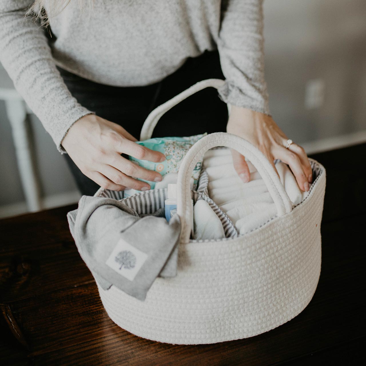 Rope Diaper Caddy filled with products