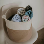 Timber Swaddle Set in rope storage basket