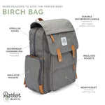 Infographic for Birch Bag Diaper Backpack in Gray.