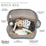 Infographic for inside of Birch Bag Diaper Backpack in Gray.