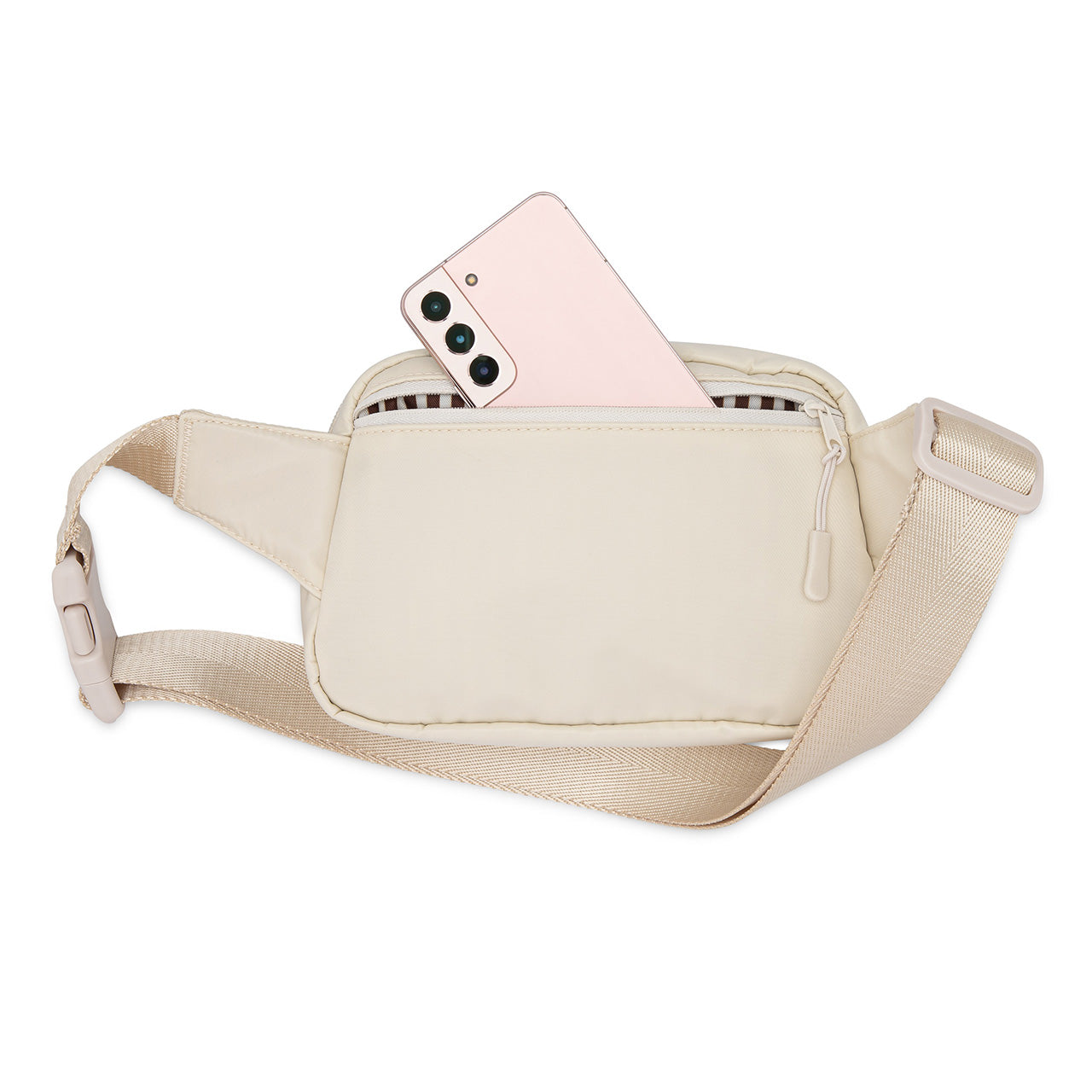 Cream Belt bag with secure zippered pocket on the outside