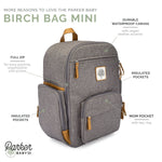 Infographic for Birch Bag Mini Diaper Backpack in Gray.