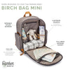 Infographic for Birch Bag Mini Diaper Backpack in Gray.