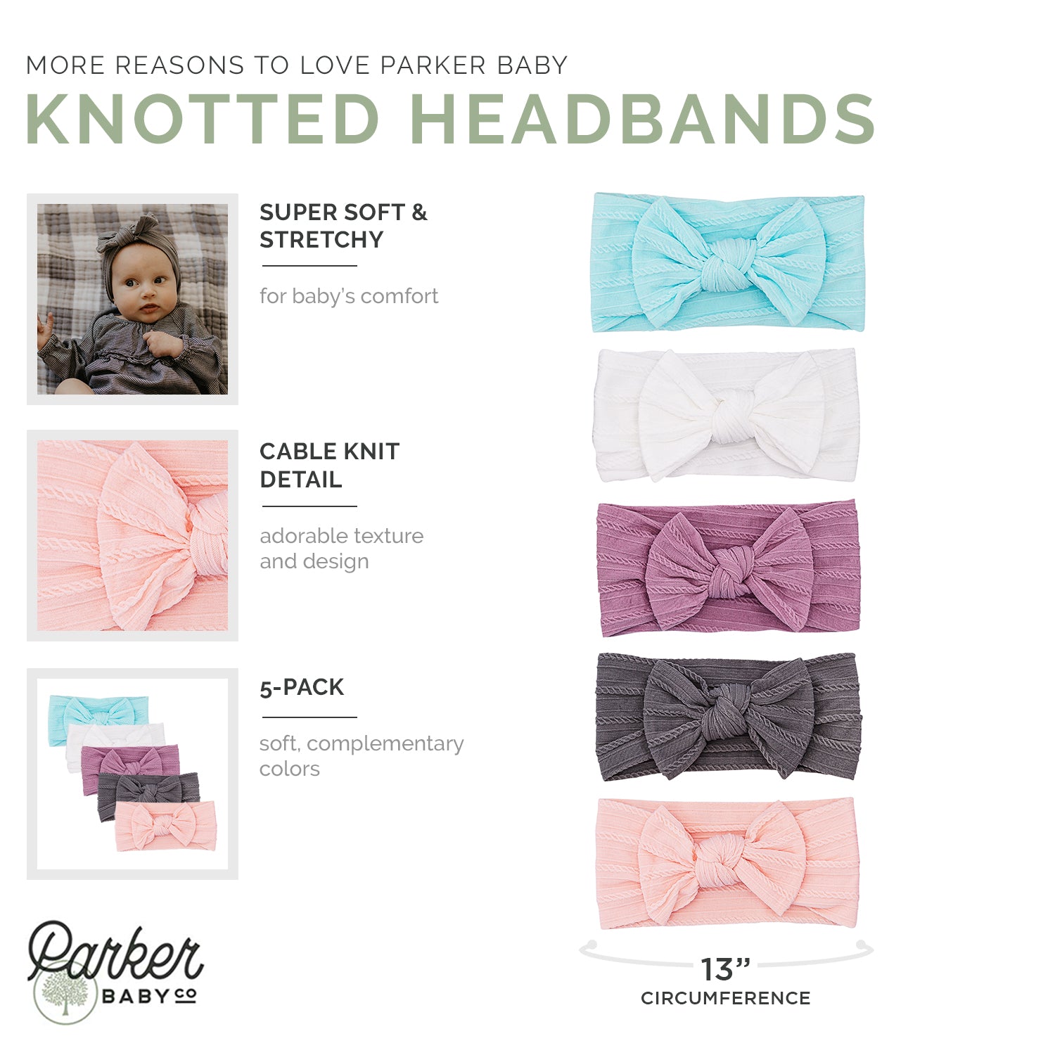 The Infographic for Grace Set: set of 5 Cable Knit Knotted Headbands. 